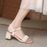 Ladies Shoes Square Heels Open Toe Women's Sandals for Party and Weddings Buckles Korea Daily Comfortable Elegant Vintage H Shoe