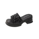 Women's Slippers and Ladies Sandals Black Rubber Rhenstone Slides Crystals Shoes with Heel Outside Jewels New Fashion 39 Vip Pvc