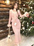 Autumn Winter Lace-up Knitted Skirt Suits Long Sleeve Fur Collar Slim Waist Birthday Party Womens Two Pieces Set Female Clothing