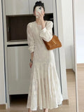 Autumn Woemn Embroidery Long Dress Elegant O-neck Ladies Long Sleeve One Piece Clothes French Solid Vestidos Maxi Dresses