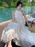 Elegant Long Dresses for Women French Vintage Halter Sleeveless Embroidery Loose A-line Holiday Prom Robe Summer New Vestidos