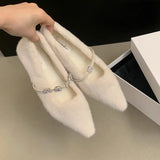 New Temperament Pointed Hair Shoes A Word Diamond Suede Shoes Autumn and Winter Lazy Warm Cotton Shoes Women