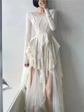 French Vintage Elegant Lace Dress Women Spring Summer New Irregular Splicing Long Bridesmaid Evening Party Dress Prom Robe