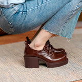 Spring New Genuine Leather Platform Shoes Casual Round Toe Shoes Woman Chunky Heel Lace-up Winter Women Shoes Zapatos Mujer