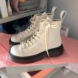 With Laces Short Shoes for Women Chunky Female Ankle Boots Lace-up Sports Booties Leather Kawaii Cute White Footwear Sneakers Pu