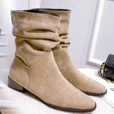 Women's Natural Suede Western Boots Thick Pointed Short Boots Vintage Pleated Fashion Boots Women's Autumn