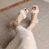 Ladies Shoes Square Heels Open Toe Women's Sandals for Party and Weddings Buckles Korea Daily Comfortable Elegant Vintage H Shoe
