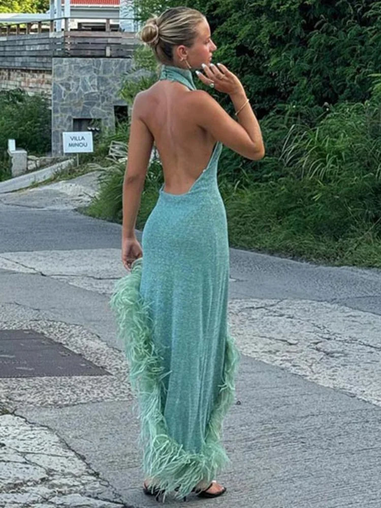 Sexy Backless Irregular Feather Hem Long Dress Women Fashion Sleeveless Bodycon Halter Dresses New Evening Party Robes