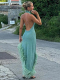 Sexy Backless Irregular Feather Hem Long Dress Women Fashion Sleeveless Bodycon Halter Dresses New Evening Party Robes