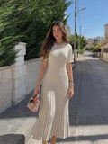 Elegant Solid Ribbed Knitted Maxi Dress Women O-neck Short Sleeve Pleated Lace Up Dresses Streetwear Robe