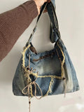 Women Denim Crossbody Bag Vintage Y2k Shoulder Bag Student Grunge Messenger Bag Aesthetic Tassel Shopping Harajuku Tote Handbag