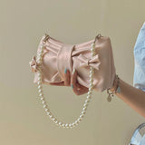 Girly Pearl Bow Cute Underarm Bag Fairy Women's Small Pink Shoulder Bag Soft PU Leather Female Pearlescent Clutch Purse Handbags