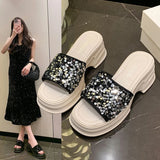 Women's Slippers and Ladies Sandals Black Rubber Rhenstone Slides Crystals Shoes with Heel Outside Jewels New Fashion 39 Vip Pvc