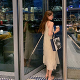 Sleeveless Fashion Chiffon Dress Round Neck A-line Shape Striped Slim Long Dress Daywear Solid Color Casual Female Summer