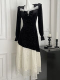Autumn Winter Sequins Womens Dresses Velvet Mesh Patchwork Square Collar Flare Sleeves Birthday Party Dress A-Line Vestidos Robe