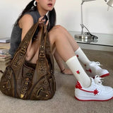 Y2k Vintage Womens Shoulder Bag Large Capacity Casual Pu Leather Tote Bag American Retro Luxury Designer Ladies Armpit Bag