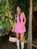 Summer 2 Pieces Dress Set Women  Pink Lace Backless Top and High Waist Skirt Set Sexy High Quality Women Clothing