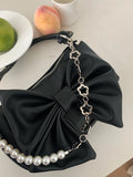 Solid Color Bowknot Women's Shoulder Bag Pu Leather Ladies Underarm Bag Pearl Chain Female Handbags Small Tote Fashion Purse