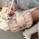 Pink Bow Womens Shoulder Bag Korean Fashion College Style Elegant Handbag Square Pleated Sweet Casual Leather Armpit Bag