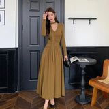 Elegant Solid Pleated Knitted Dress for Women Autumn V-Neck Long Sleeve Slim Party A-Line Chic Vestidos Female Evening Dresses