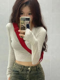 Y2k Aesthetic V Neck Elegant Long Sleeve Crop Tops  Autumn Slim Basic All Match Solid Sexy Harajuku Embroidery T-shirts