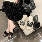 Women's Slippers and Ladies Sandals Black Rubber Rhenstone Slides Crystals Shoes with Heel Outside Jewels New Fashion 39 Vip Pvc