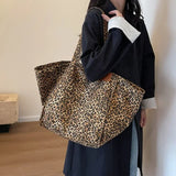 Oversized Leopard Prints Shoulder Bags for Women Deformable Canvas Large Capacity Shopping Totes Winter New Luxury Handbags