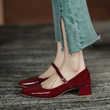 Spring Autumn Women Buckle Mary Janes Shoes Patent Leather Dress Shoes High Heels Pumps Retro Ladies Shoe Black Red