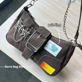 Matte Leather Butterfly Chain Women's Shoulder Bag Y2k Vintage Cool Hot Girls Crossbody Bags Simple Female Underarm Bag Handbags