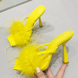 Summer Fashion Yellow Fluffy Furry Women Slippers Mules High Heels Slides Female Gladiator Sandals Party Banquet Shoes