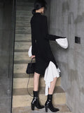 Autumn Korean Knitted Dress for Women Vintage Patchwork Irregular Slim Midi Dress Fashion Female New Outfits Office Work Clothes