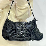 Girly Shoulder Bag Women  Ribbon Bow Pleated Patent Leather Female Bag Korea Ladies Underarm Pouch With Heart