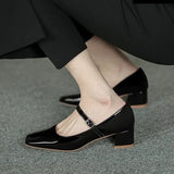 Spring Autumn Women Buckle Mary Janes Shoes Patent Leather Dress Shoes High Heels Pumps Retro Ladies Shoe Black Red