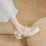 High Heels Shoes for Woman Pumps Square Toe Gothic Women's Summer Footwear Mary Jane Japanese Style Lolita with Bow White A