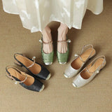 Ladies Shoes Print Thick Heel for Party and Weddings Green Closed Half Women's Sandals Pearl Block Chunky Korea Daily Pvc or Vip