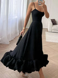 Elegant Women's Maxi Gown - Sexy Spaghetti Strap, Bubble Hem, Solid Color Party Dress with Ruffled Detail