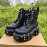 Retro Punk Style Black Platform Ankle Boots with Metal Accents - Waterproof, Lace-Up, Round Toe for All Seasons