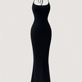 Solid Color Halter Neck Mermaid Dress - Sexy Backless Slim Fit, Flattering Ruffles, Flowy Hem, Perfect for Spring & Summer, Women's Stylish Clothing for Outdoor Events