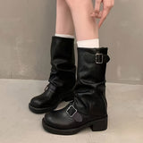 New Ribbed Western Style Mid-Calf Boot - Ladies' Black Fashion Boot with Lace-Up Closure and Chunky Heel