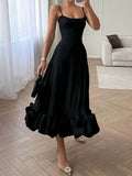 Elegant Women's Maxi Gown - Sexy Spaghetti Strap, Bubble Hem, Solid Color Party Dress with Ruffled Detail