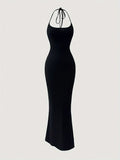 Solid Color Halter Neck Mermaid Dress - Sexy Backless Slim Fit, Flattering Ruffles, Flowy Hem, Perfect for Spring & Summer, Women's Stylish Clothing for Outdoor Events