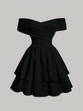 Elegant Sleeveless A-line Off Shoulder Dress - Ruffle Hem Solid Color Spring & Summer Women's Clothing
