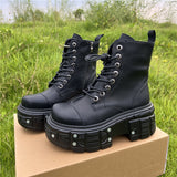 Retro Punk Style Black Platform Ankle Boots with Metal Accents - Waterproof, Lace-Up, Round Toe for All Seasons