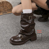 New Ribbed Western Style Mid-Calf Boot - Ladies' Black Fashion Boot with Lace-Up Closure and Chunky Heel