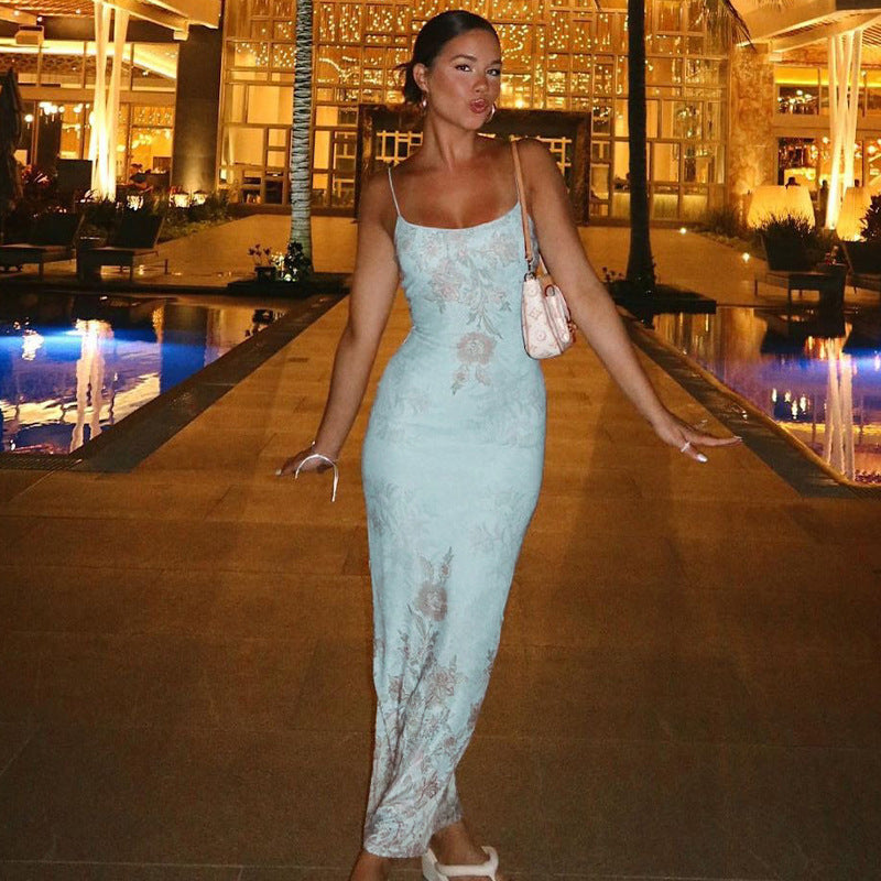 women's clothing  summer new blue suspenders island style retro tie-dye hot girl sexy print dress