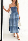 Gradual Change Pocket Slit Strapless Sleeveless Denim Dresses