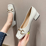 Style Single Shoes Fashion Thick Heel Square Toe Metal Shallow Mouth Mary Jane Women's Shoes Large Size Women's Shoes