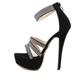 Crystal Platform Sandals Women Summer Zip High Heels Shoes Fashion Peep Toe Slides  Black Hollow Pumps