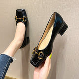 Style Single Shoes Fashion Thick Heel Square Toe Metal Shallow Mouth Mary Jane Women's Shoes Large Size Women's Shoes