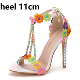 Crystal Queen Ankle Strap Women Sweet Fashion White Colored Floral Stilettos Party Tassel Bridal Wedding Shoes High Heel